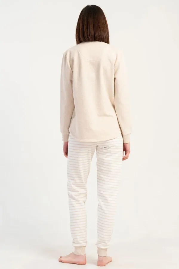 Mısırlı Kadın İki İplik Sıfır Yaka Uzun Kollu Pijama Takımı Bej