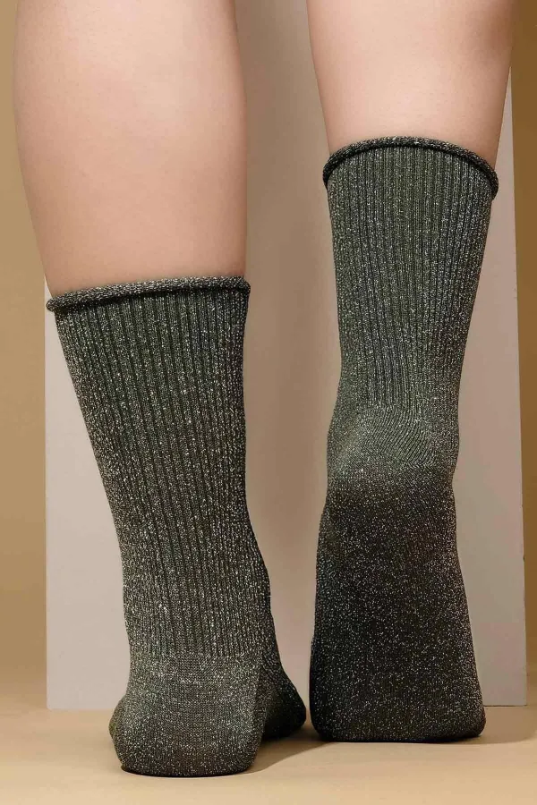 Mısırlı Kadın Bambu Gümüş Simli Soket Çorap Yeşil
