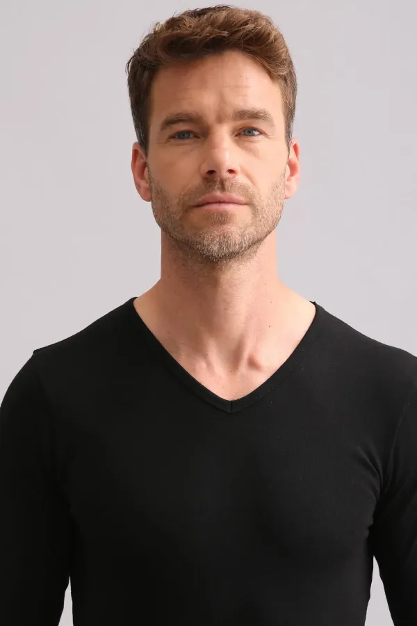 Sous-vêtement thermique en bambou égyptien à col en V et manches longues, noir