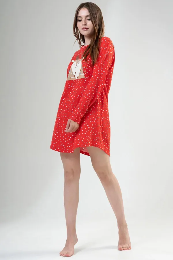 Mısırlı Kadın Pamuklu Uzun Kollu Sabahlık Kırmızı