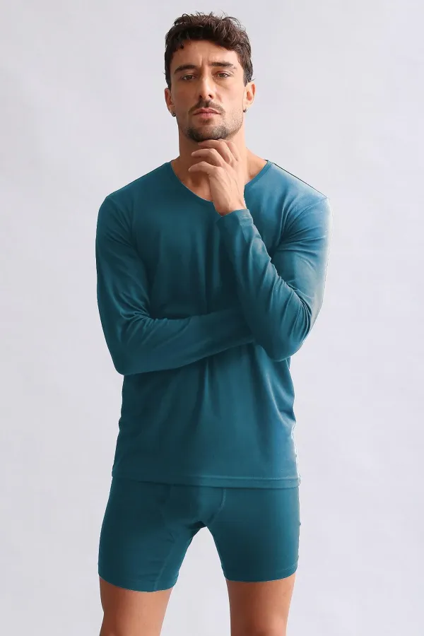 Débardeur/T-shirt à manches longues et col en V, coupe ajustée, en modal égyptien TENCEL HERCULES, vert