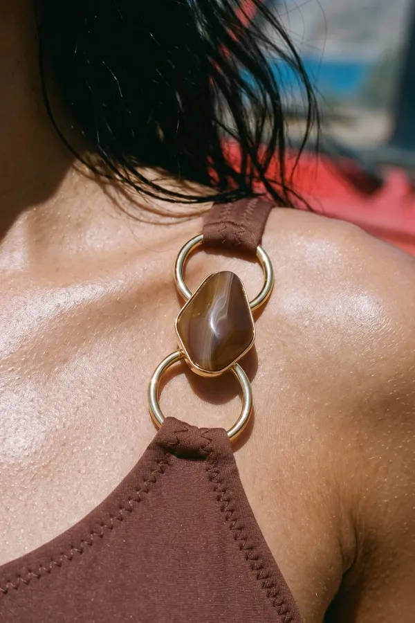 One-Shoulder Swimsuit with Egyptian Accessories in Cinnamon One-Shoulder Swimsuit with Egyptian Accessories in Cinnamon