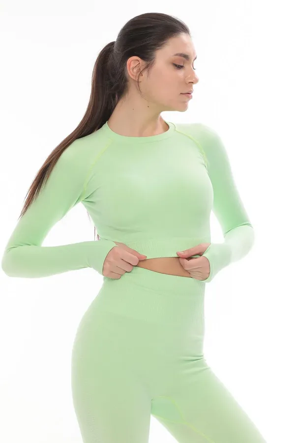Mısırlı Kadın Uzun Kollu Spor Tayt Takımı Fıstık Yeşili