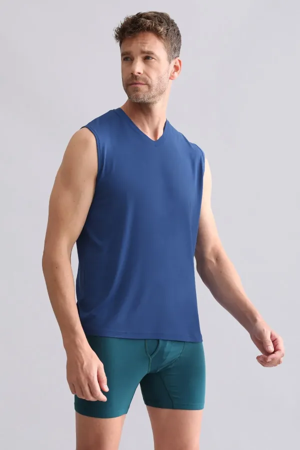 Débardeur/T-shirt de sport bleu marine à col en V, coupe classique, en bambou égyptien ZEUS