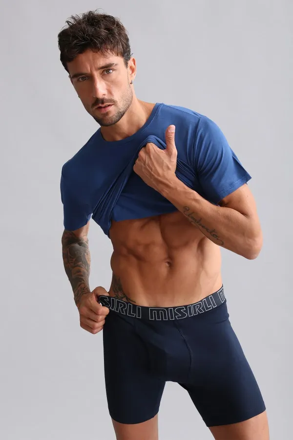 Débardeur/T-shirt à col rond slim fit en bambou égyptien Hercules, bleu marine