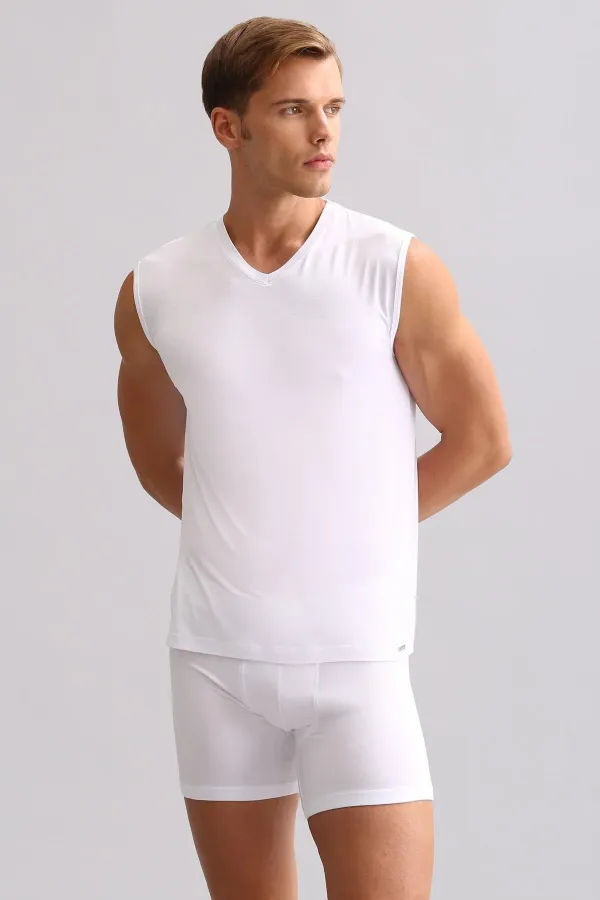 Mısırlı BAMBU ZEUS LUXURY Regular Fit V Yaka Sporcu Atlet / T-Shirt Beyaz