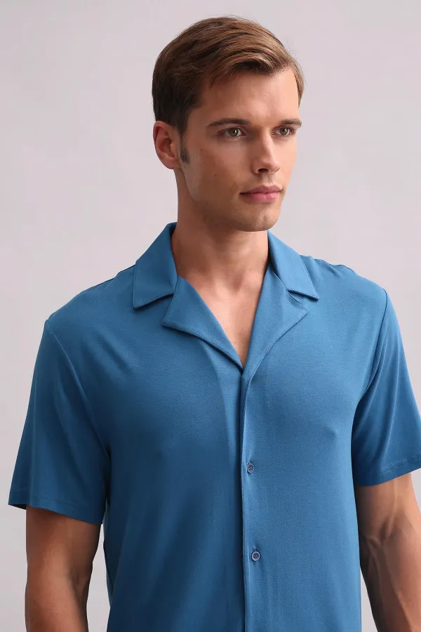Chemise égyptienne pour homme en modal à manches courtes, bleu marine foncé