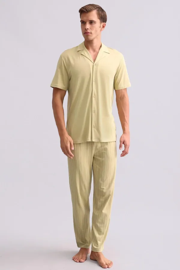 Chemise égyptienne pour homme en bambou à manches courtes, vert sauge