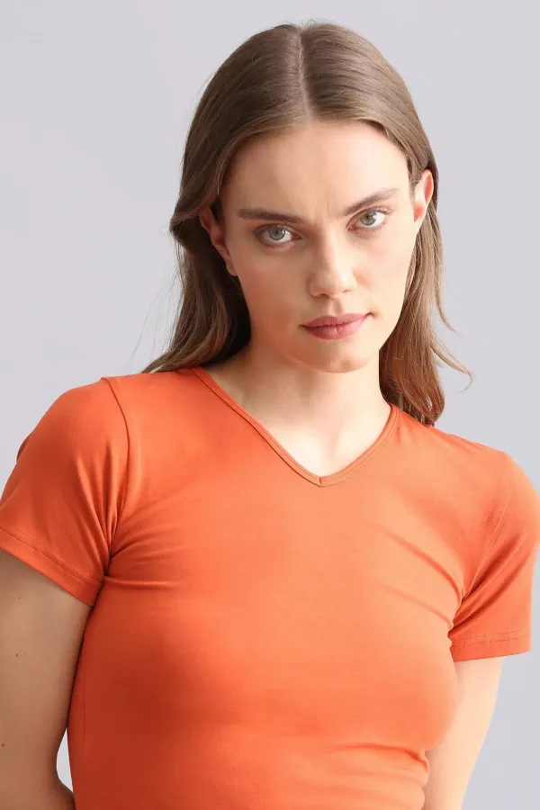 Débardeur/T-shirt à col V en modal égyptien TENCEL VICTORIA, couleur rouge rouille