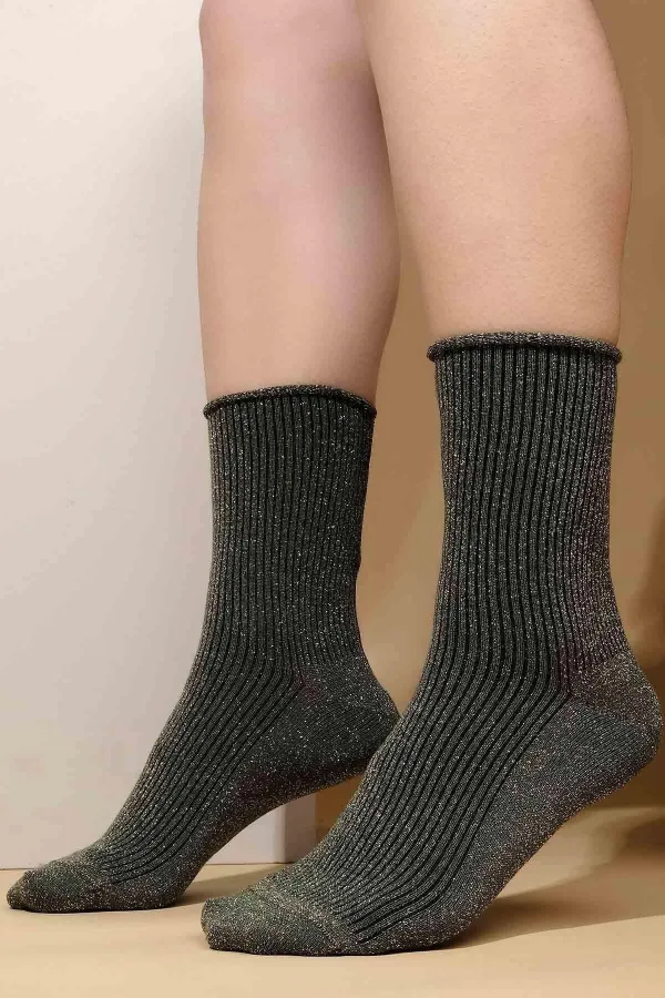 Mısırlı Kadın Bambu Simli Lastikli Soket Çorap Siyah