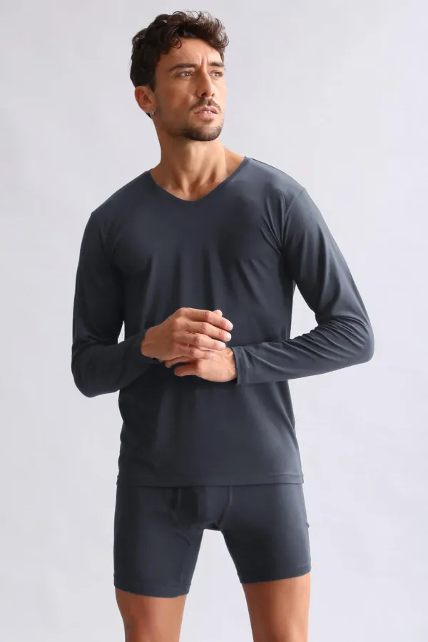 Débardeur/T-shirt à manches longues et col en V, coupe ajustée, en modal égyptien TENCEL HERCULES, couleur anthracite