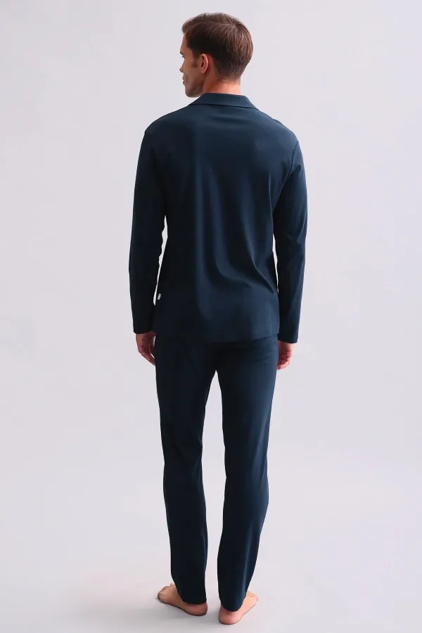 Ensemble pyjama chemise en coton pour homme, bleu marine, style égyptien