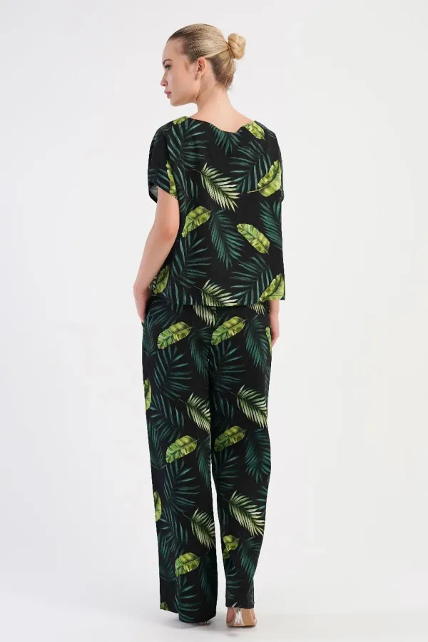 Mısırlı Kadın Viskon Desenli Pantolon Takımı Yeşil