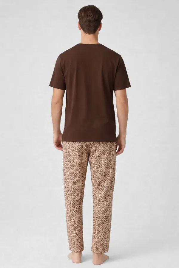 Egyptian Men's Cotton Crew Neck Buttoned Pajama Set Coffee/Beige