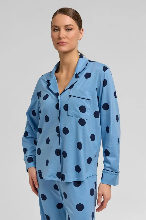 Mısırlı Women's Modal Knit Polka Dot Shirt, Baby Blue