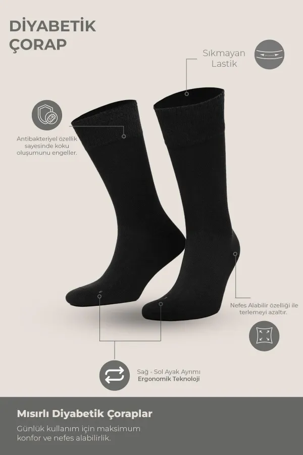 Mısırlı Unisex Bambu 6 Çift Diabetiker Lastiksiz Uzun Soket Çorap Siyah