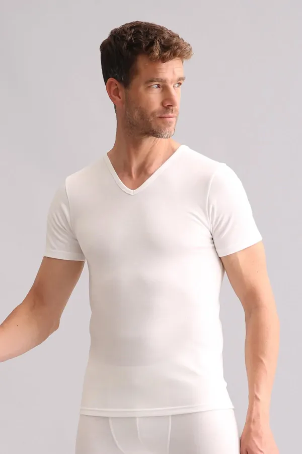 Mısırlı BAMBU TERMAL V Yaka Fanila / T-Shirt Ekru