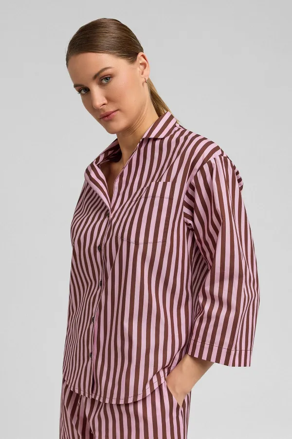 Kadın Pamuklu Poplin Çizgili Gömlek Kahverengi/Pembe