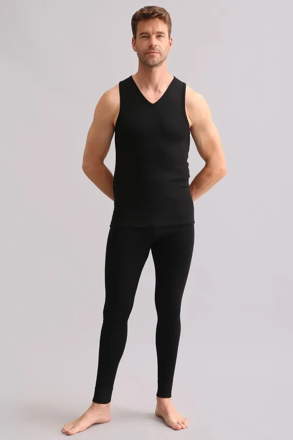 Débardeur/T-shirt de sport thermique en bambou égyptien à col en V noir