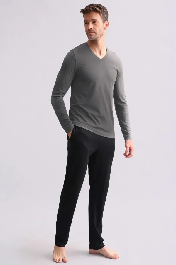 Ensemble pyjama homme égyptien en modal et coton mélangés, manches longues, col en V, gris chiné