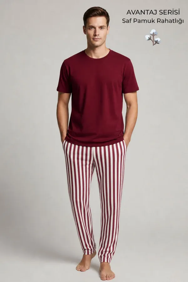 Mısırlı Erkek Pamuk Çizgili Pijama Takım Bordo