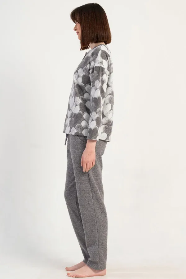 Mısırlı Kadın İnterlok Kalp Desenli Uzun Kollu Pijama Takımı Gri Melanj