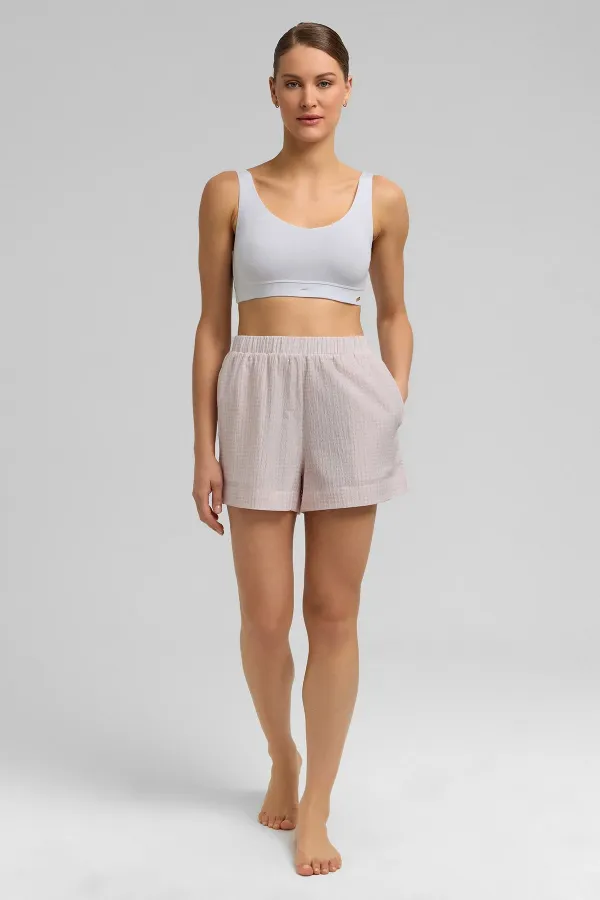 Mısırlı Kadın Pamuk Ekoseli Mini Şort Açık Pembe