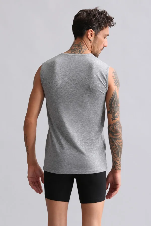 Débardeur/T-shirt de sport gris chiné à col rond, coupe ajustée, en bambou égyptien Hercules