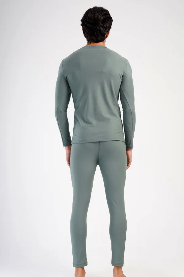 Men's Crew Neck Long-Sleeve Undershirt Set, Khaki