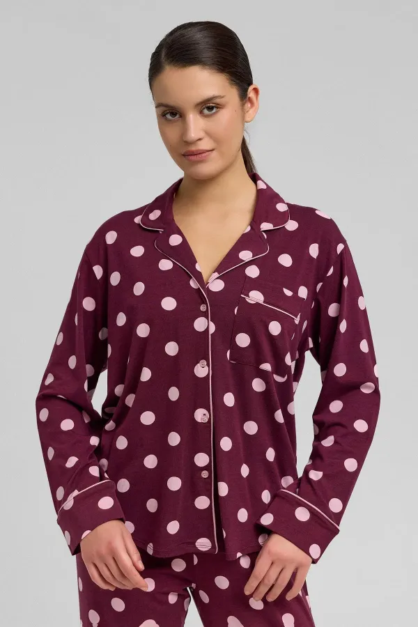 Mısırlı Women's Modal Polka Dot Pajama Set Burgundy