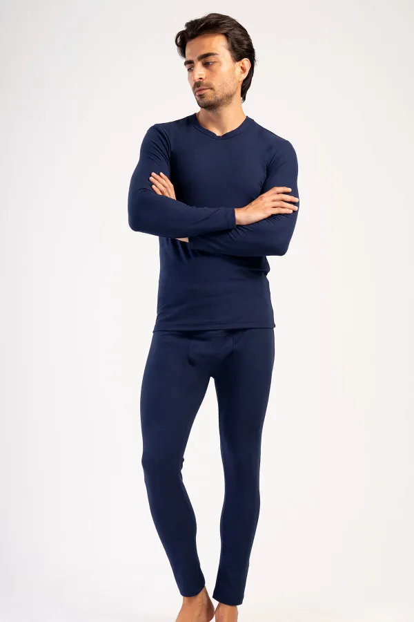 Ensemble de sous-vêtements pour homme, col rond et manches longues, bleu marine