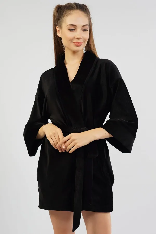 Mısırlı Kadın Kadife Sabahlık Siyah
