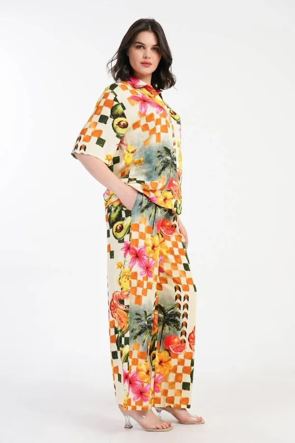 Mısırlı Kadın Viskon Kısa Kollu Gömlek Takım Çok Renkli