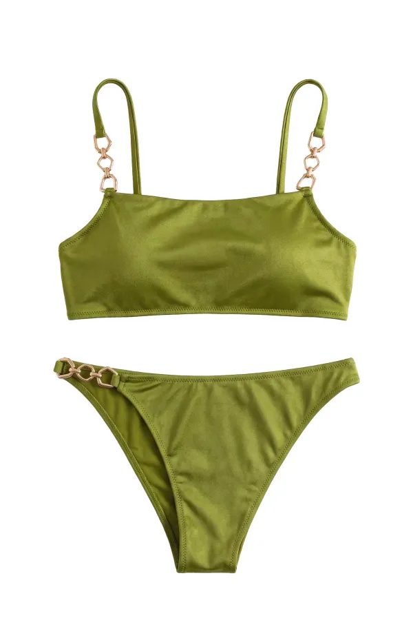 Mısırlı Zincir Detaylı Soft Straplez Bikini Takım Çağla Yeşili