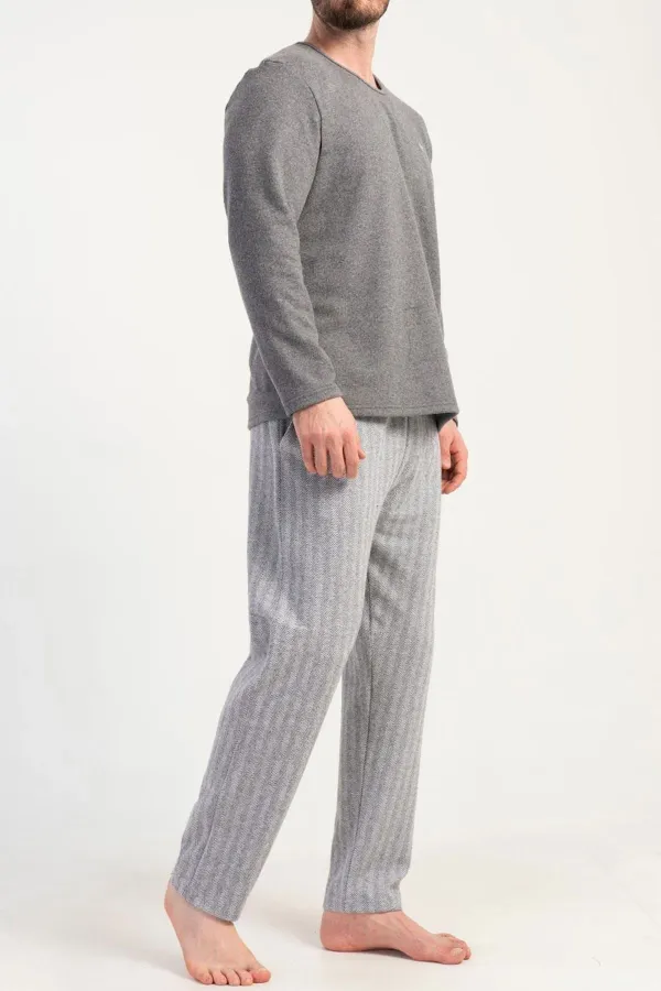 Ensemble de pyjama à manches longues rayé en maille interlock pour homme, gris, de style égyptien