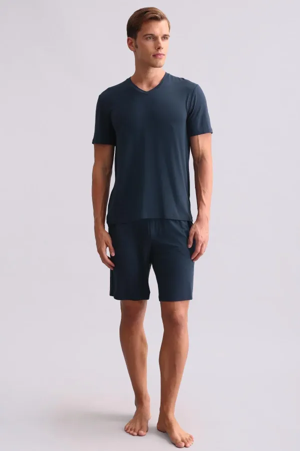 T-shirt égyptien pour homme, col en V, modal, bleu marine