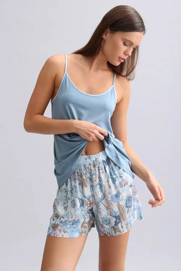 Mısırlı Kadın Örme İp Askılı Biye Detaylı Atlet Mavi