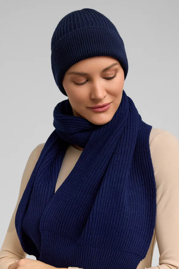 Mısırlı Unisex Yün Atkı Bere Takımı - Roseluis Lacivert