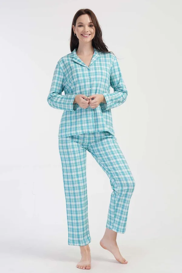 Ensemble pyjama bleu à manches longues en coton à carreaux bicolore pour femme, style égyptien