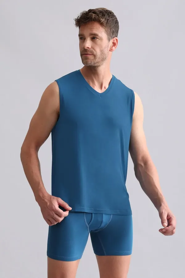 Débardeur/T-shirt de sport à col en V, coupe classique, en bambou égyptien ZEUS, bleu pétrole