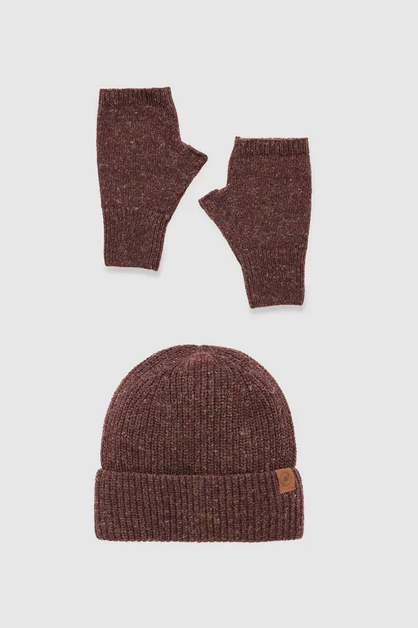 Ensemble bonnet et gants en laine unisexe - Brun clair