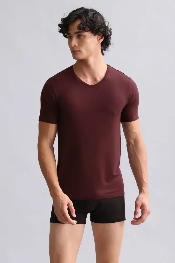 Mısırlı Modal By TENCEL HERCULES Slim Fit V Yaka Fanila / T-Shirt Bordo