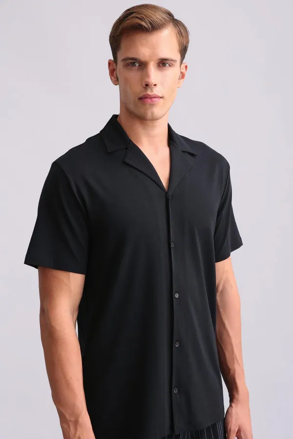 Chemise égyptienne pour homme en bambou à manches courtes noire