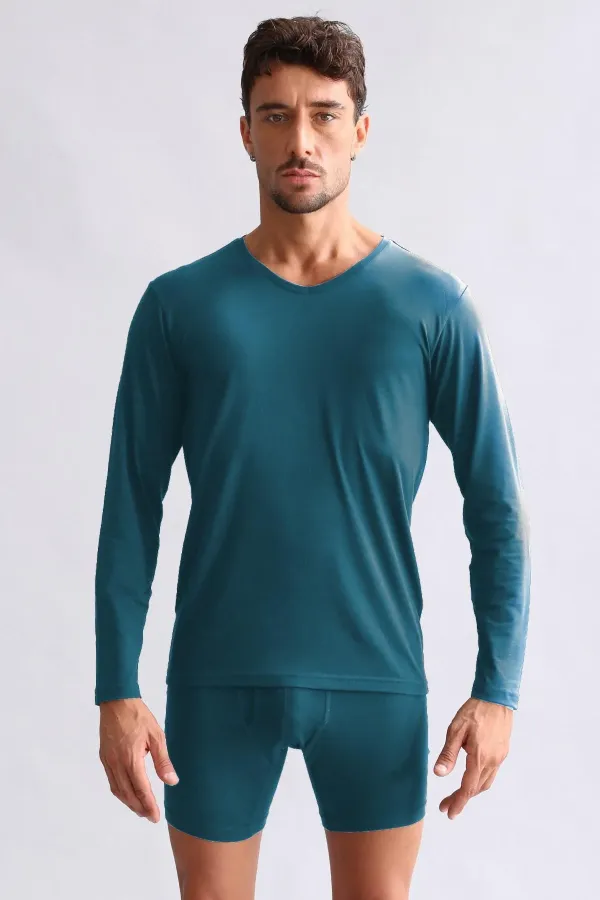 Débardeur/T-shirt à manches longues et col en V, coupe ajustée, en modal égyptien TENCEL HERCULES, vert