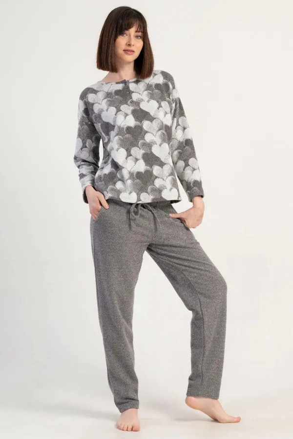 Mısırlı Kadın İnterlok Kalp Desenli Uzun Kollu Pijama Takımı Gri Melanj