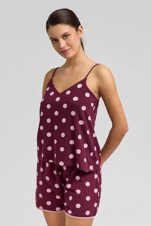 Mısırlı Kadın Modal Puantiyeli İp Askılı Şort Takımı Bordo