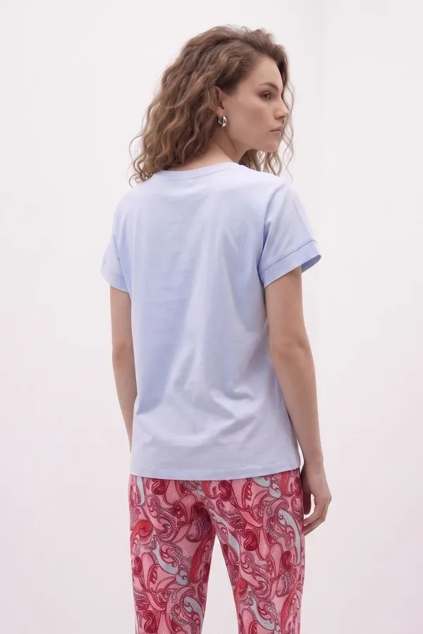 Mısırlı Kadın Pamuk Kısa Kol Pijama Takım Beyaz/Şal Desen