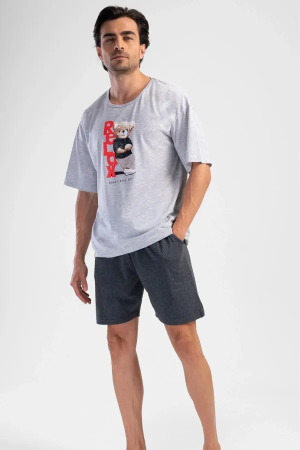 Ensemble pyjama égyptien pour homme en coton gris chiné à manches courtes
