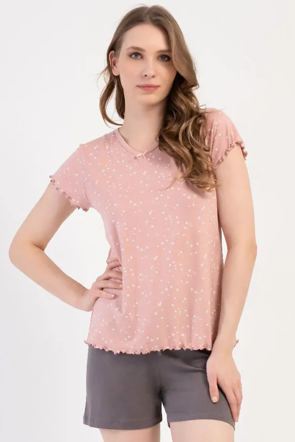 Mısırlı Kadın Viskon Kısa Kollu Şort Pijama Takımı Toz Pembe