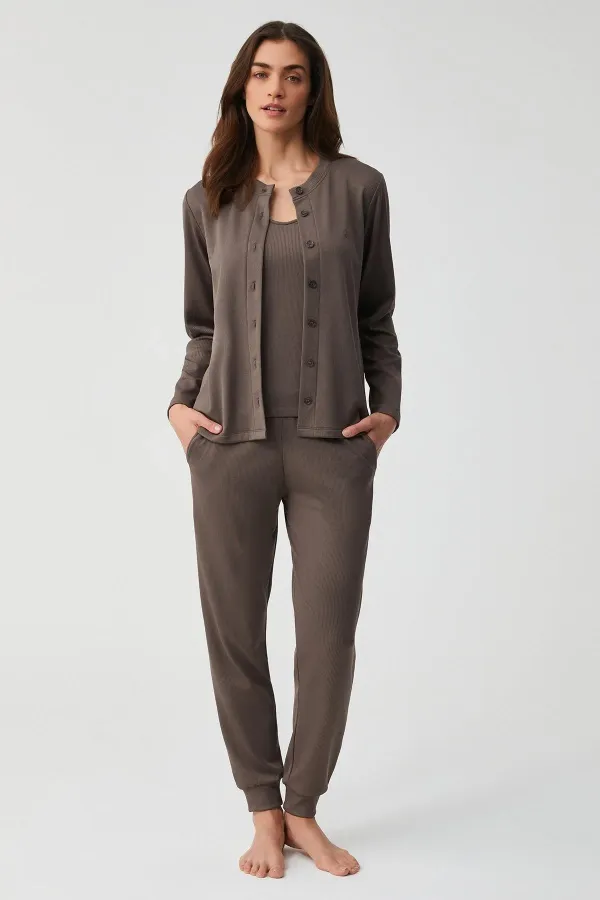 Mısırlı Kadın Üçlü Pijama Takımı Kahverengi